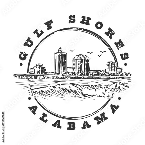 Vintage Gulf Shores Alabama Badge Featuring Iconic White Sand Beaches and Emerald Coastal Waters
