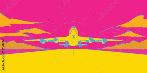 Vibrant Pop Art Illustration of a Jet Airplane Taking Off into a Colorful Pink Sunset Sky