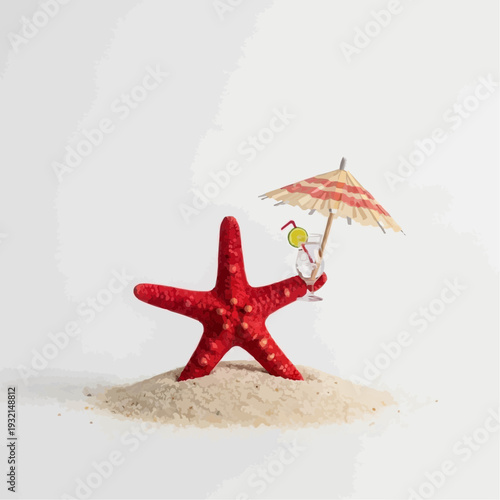 Red starfish on sand holding a cocktail and umbrella, symbolizing beach vacation