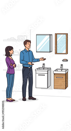 A male salesperson gestures towards bathroom vanity units and mirrors displayed on a wall, while a female customer listens intently.