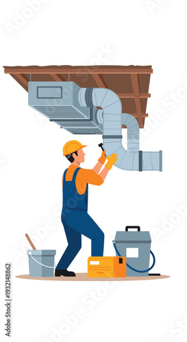 A male worker in safety gear is actively installing HVAC ductwork on a wooden ceiling, utilizing a tool on a curved pipe section.