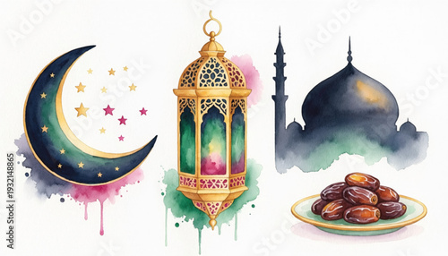 Colorful Ramadan Watercolor Illustration With Crescent Lantern Mosque And Dates