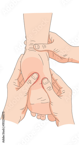 Two sets of human hands are shown holding and massaging a foot, emphasizing the heel and ankle area on a plain background.