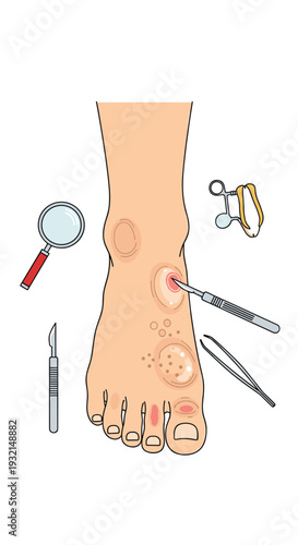 A detailed illustration showcases a human foot with multiple skin ailments surrounded by various medical examination tools.
