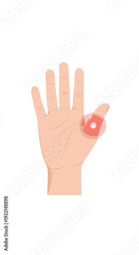 A human hand is illustrated palm-up, showing a red highlighted area of pain at the base of the thumb.