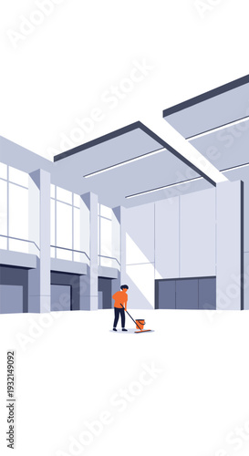 A minimalist vector illustration shows a cleaner in an orange shirt diligently mopping the vast, light-colored floor of a modern, empty building interior with large windows and high ceilings.