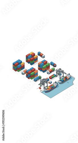 An isometric illustration showcases two cargo ships being loaded and unloaded by four gantry cranes at a busy port with stacked containers and trucks.