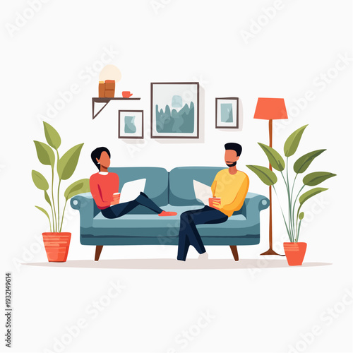 Modern couple working remotely on laptops at home, embracing a cozy work-life balance concept