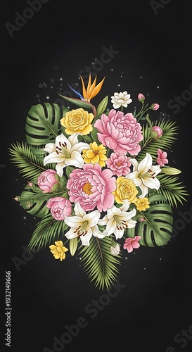 Floral Arrangement with Roses, Lilies, and Tropical Leaves on Black Background.