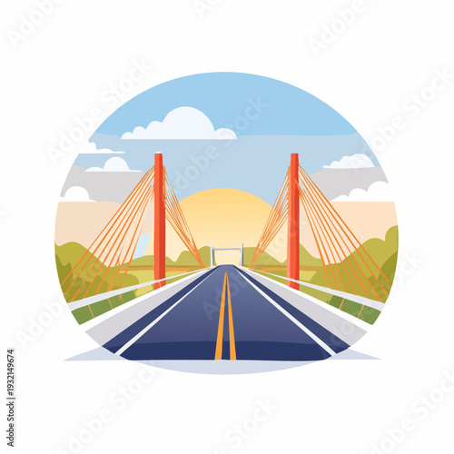 Scenic journey across a modern cable bridge, leading to a vibrant sunset horizon on a clear day