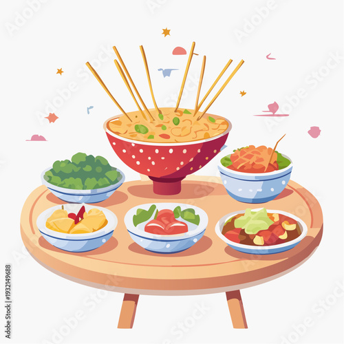 A vibrant assortment of delicious Asian dishes and appetizers served in bowls on a round table