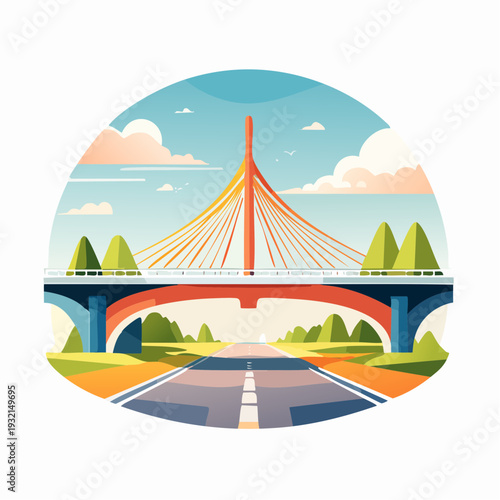 Modern Cable-Stayed Bridge with Scenic Highway and Rolling Hills Under a Cloudy Sky