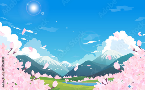 雪山と桜並木と満開の桜のイラスト_横