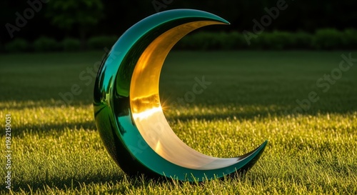 Artistic Crescent Moon Sculpture on Green Grass in Soft Light