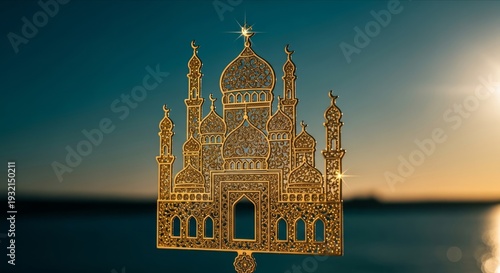 Golden Decorative Structure Against Serene Sunset Background