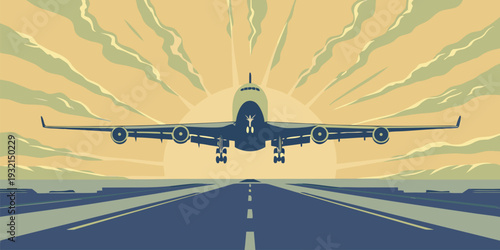 Vintage style illustration of a passenger jet plane on a runway with sunburst background design