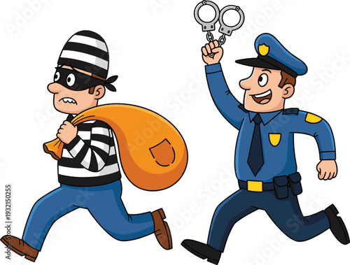 Cartoon Policeman Chasing Thief with Money Bag and Handcuffs Funny Crime Scene Vector Illustration Isolated on White Background