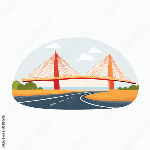 Stylized illustration of a modern cable-stayed bridge, a symbol of connectivity and impressive architectural engineering spanning serene waters