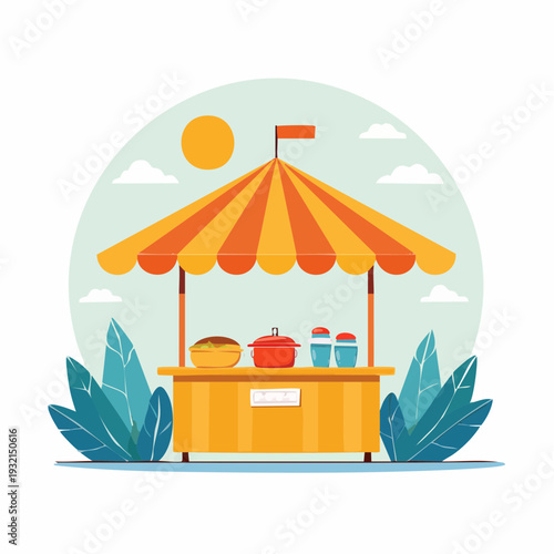 Colorful outdoor food stall illustration featuring a striped canopy, ideal for market and festival themes