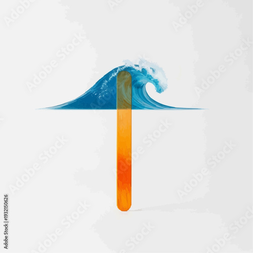 Refreshing popsicle melting into a breaking ocean wave on white background