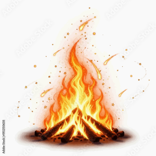 Campfire with flames, embers, and shooting stars on white background