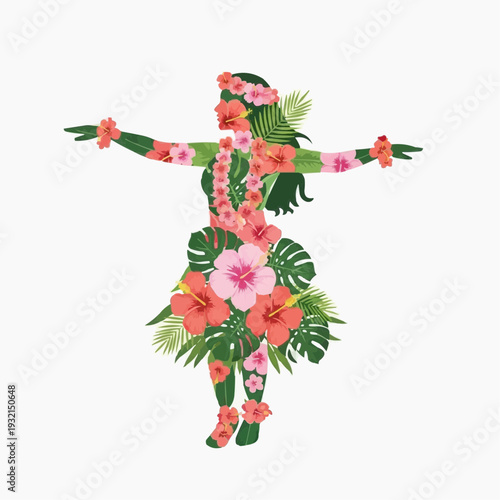 Floral hula dancer silhouette with vibrant tropical flowers and leaves