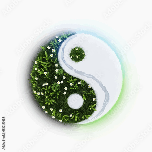 Yin Yang symbol with lush green plants and white flowers in spring