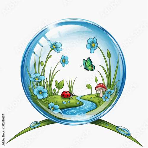 Magical nature bubble with stream, flowers, butterfly, and ladybug
