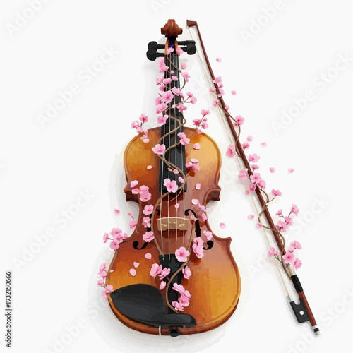 Violin and bow adorned with delicate pink cherry blossom flowers