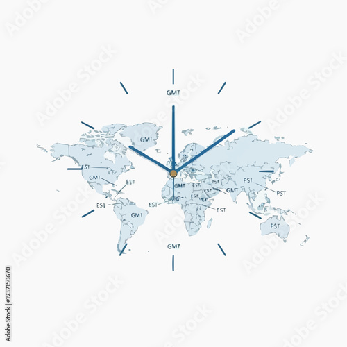 World map clock showing time zones and continents with hands