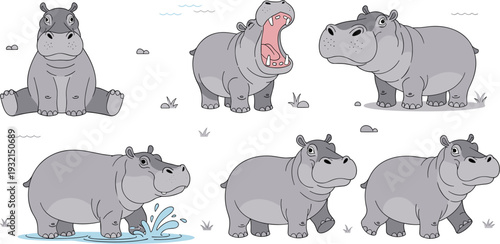 Cute Hippo Character Vector Set Featuring Various Poses Including Sitting Standing Walking and Yawning for Childrens Illustration Wildlife Education and Cartoon Designs
