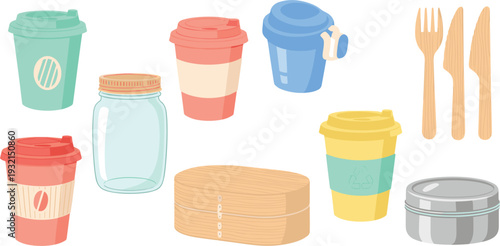 Eco Friendly Reusable Food Packaging Set with Coffee Cups Glass Jar Wooden Cutlery and Lunch Boxes Vector Illustration Isolated on White Background