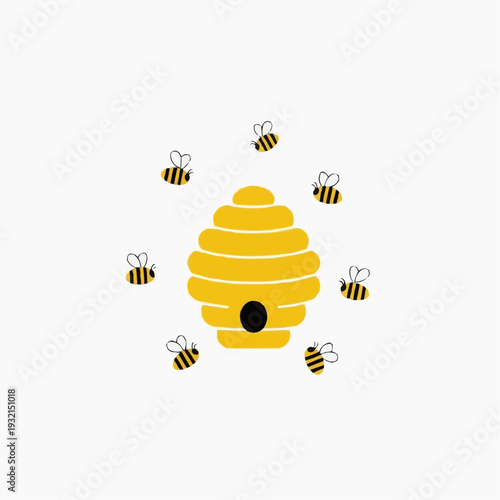 Cartoon beehive with busy bees flying around, a sweet nature scene.