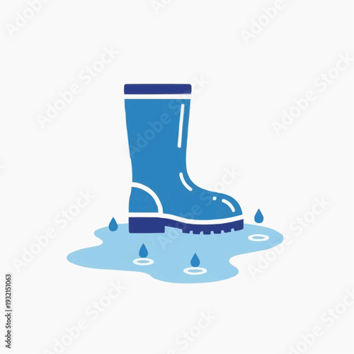 Blue rubber boot standing in a puddle with raindrops