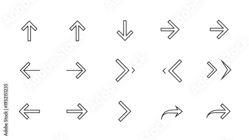 Collection of various black arrows in simple line art style on white background for graphic design elements