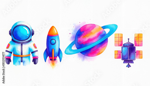 Colorful Space Watercolor Illustration Set With Astronaut Rocket Planet And Satellite