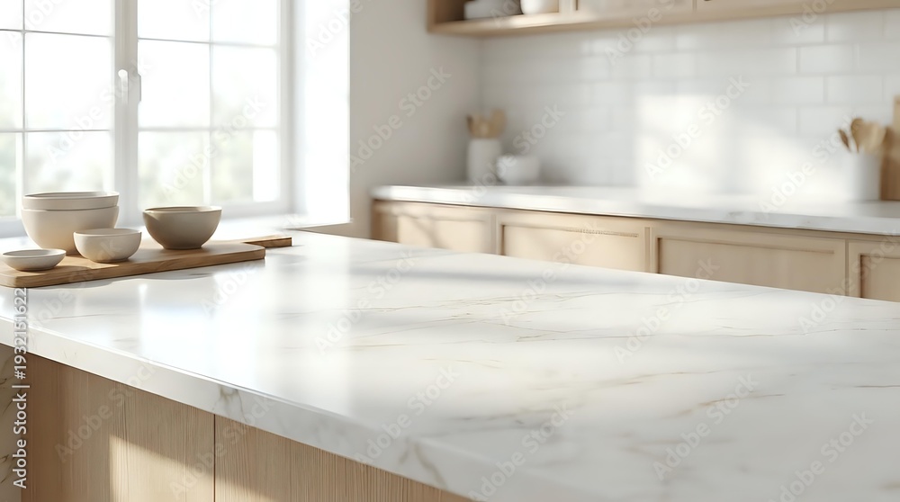 Fototapeta premium Modern kitchen interior with white marble countertop and wooden cabinets in bright natural light for home design and renovation projects.