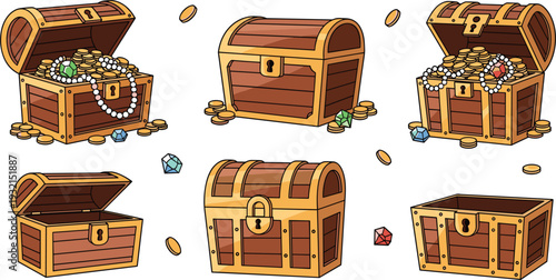 Vector Cartoon Treasure Chest Set with Open and Closed Wooden Boxes Containing Gold Coins Pearls and Gemstones for Gaming UI and Adventure Design