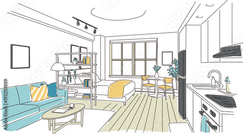 おしゃれな暮らしのワンルームの室内イラスト素材