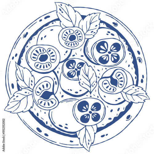 Hand drawn whole pizza in modern monochrome line art style. Minimal blue outline illustration with tomato slices, mushrooms, basil leaves and mozzarella cheese, top view