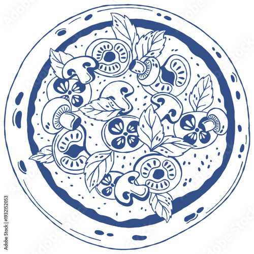 Minimal blue outline illustration of whole pizza with tomato slices, mushrooms and basil leaves, top view composition