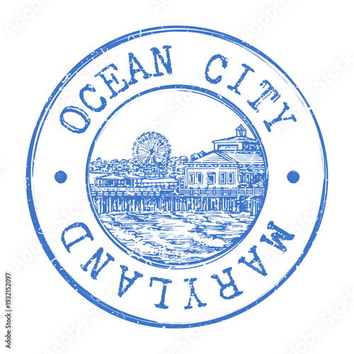 Vintage Ocean City Maryland Badge Featuring the Iconic Boardwalk Pier and Atlantic Coastal Horizon