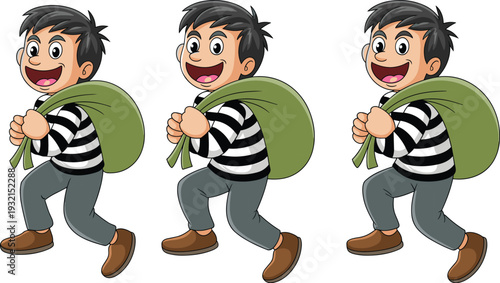 Cartoon thief boy running with sack, cute smiling burglar character vector illustration isolated on white background