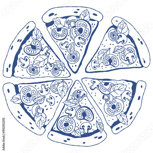 Hand drawn pizza slices composition with tomato, mushroom and basil toppings arranged in circular layout. Ideal for menu design, restaurant branding, packaging, posters and social media graphics