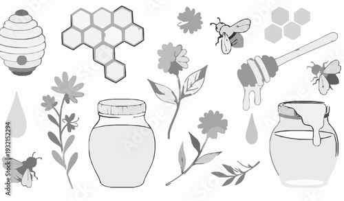 Honey and Bee Doodle Line Art Vector Set Black and White Sketch Collection