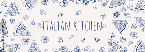 Hand drawn Italian food banner template in modern monochrome line art style. Minimal blue outline illustration with pizza slices, mushrooms, tomato and basil arranged around copy space