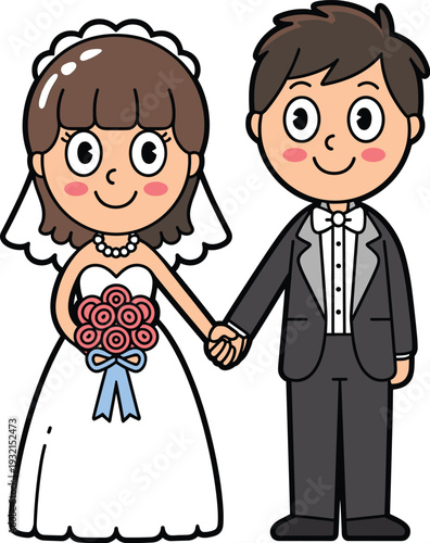 Cute cartoon bride and groom wedding couple vector illustration, romantic marriage character design isolated