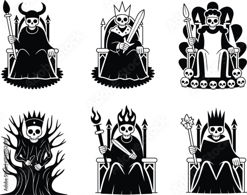Dark skeleton king and queen characters set, gothic fantasy throne illustrations isolated on white background for Halloween design