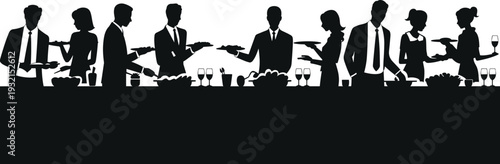 Elegant dinner party silhouettes set, people serving food and wine at table isolated on white background