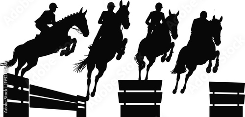 Equestrian show jumping silhouettes, horse and rider competition vector set, professional equine sport obstacle illustration collection